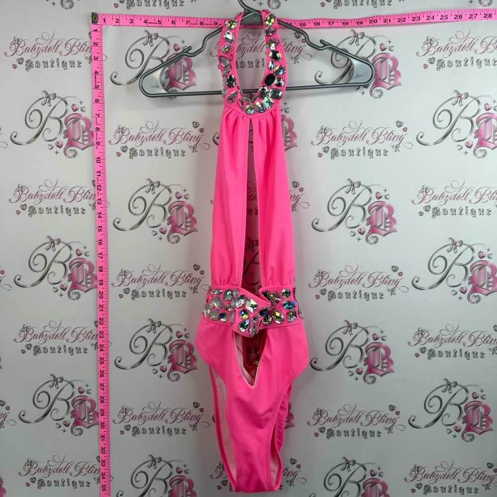 Bodysuit one piece crystals rhinestone Women’s Jeweled Halter Bodysuit Hot Pink